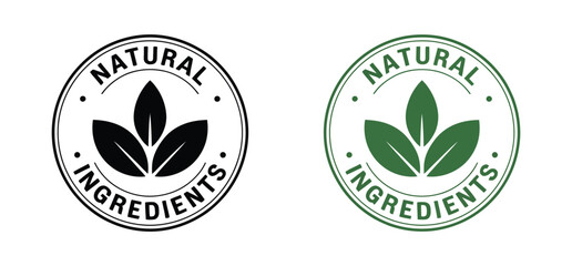 Circular natural ingredients label in black and green featuring three leaf icon—ideal for organic branding, eco packaging, and product labeling
