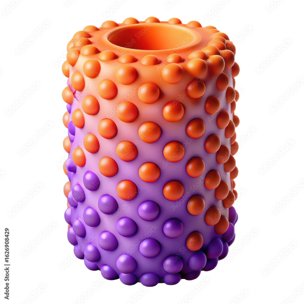 Poster a textured cylindrical object with raised bumps and a gradient color transition from purple to orang