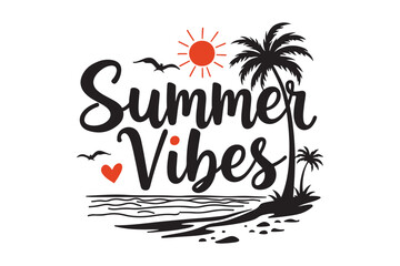 Naklejka premium Summer vibes handwritten text with tropical beach scene and palm trees