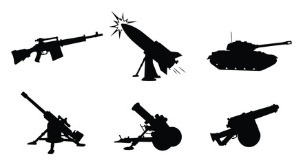 Collection of military weapon silhouettes including a sniper rifle missile tank and artillery guns on a white background