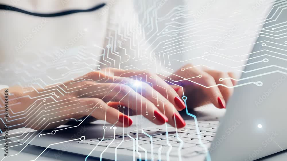 Aufkleber closeup view of hands typing on a laptop surrounded by digital technology elements in a modern works