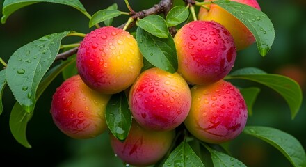 Fresh Ripe Plums with Water Droplets on Branch: Healthy Organic Fruit