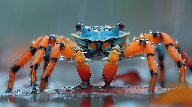 A vividly colored crab with a blue shell and orange legs glistens with raindrops in a stunning macro shot.
