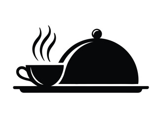 Silhouette of tray with cloche and steaming cup—minimalist icon for catering service, room delivery, hospitality branding, and food presentation