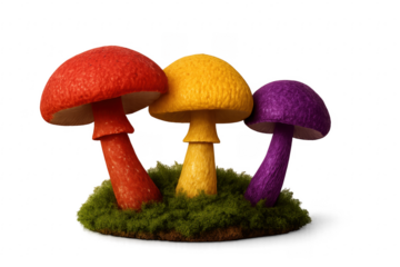 Colorful mushrooms growing on moss with transparent background