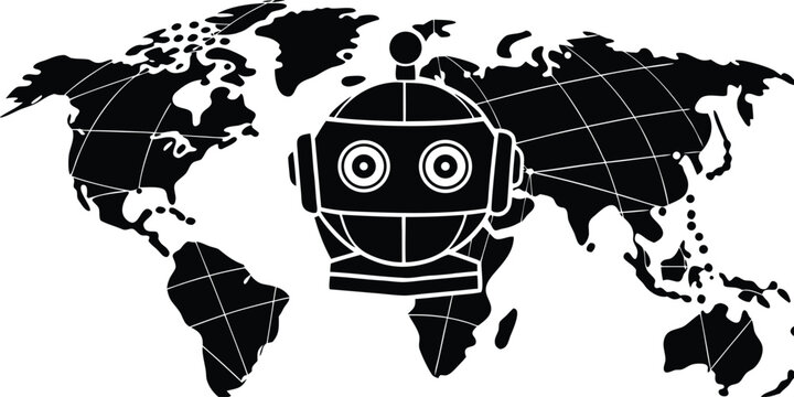 A world map overlayed with a cartoon robot head showing global automation and technological advancement