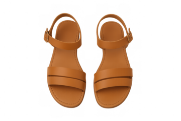 Minimalist brown leather sandals featuring sleek buckle closure, presenting clean summer footwear design against white backdrop