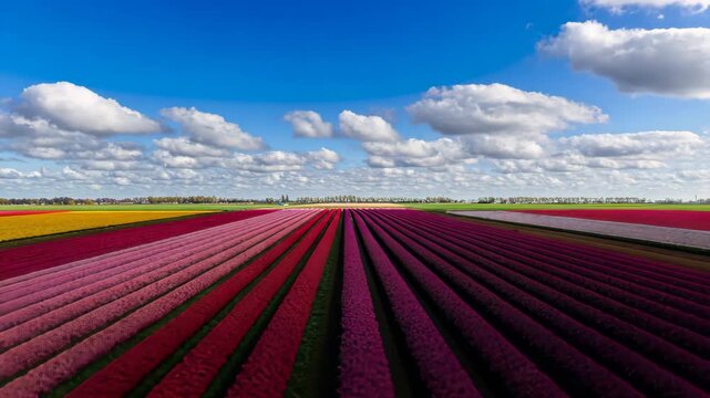 Vibrant tulip field panorama under dynamic skies with shifting cloud patterns