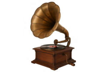 Vintage gramophone spinning vinyl record, symbolizing retro musical era against transparent backdrop