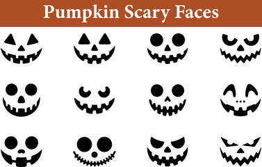 Collection of diverse Halloween pumpkin faces with expressive carved designs silhouette isolated on transparent background 