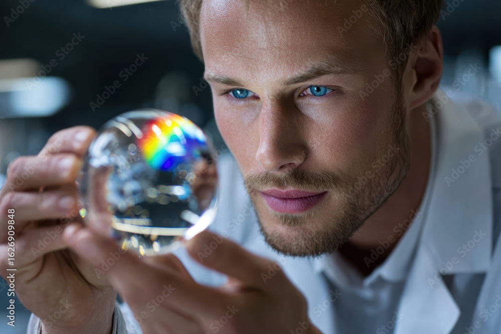 Poster scientist examining a crystal sphere revealing a spectrum of colors in a laboratory setting