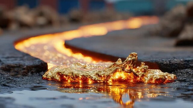 Molten Gold: A close-up shot features a stream of molten gold, flowing across a rough surface, showcasing the raw beauty and inherent value of precious metals.