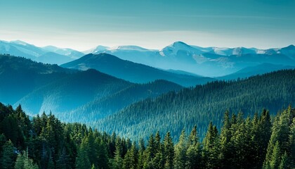 Obraz premium tranquil teal mountain range with evergreen forest views