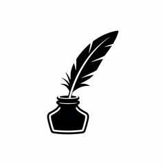 Elegant Quill Pen and Inkwell Illustration Symbolizing Writing History and Literary Creativity in Black and White