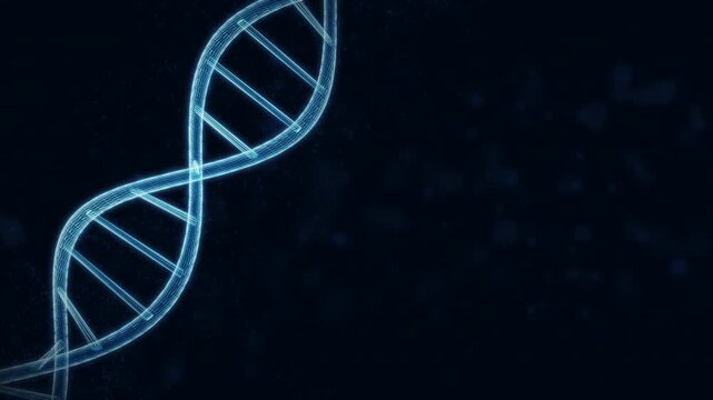 Abstract rotating DNA helix with glowing particles on futuristic dark background &mdash; seamless loop with copy space.