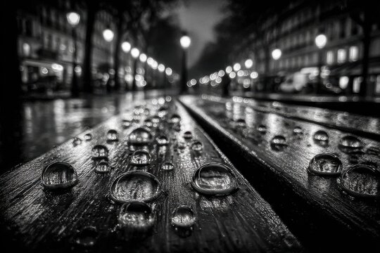 Fototapeta Monochromatic cityscape captured through raindrops on a bench, featuring blurred buildings and streetlights enhancing a sense of urban solitude and beauty.