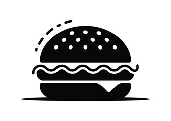 Minimalist black and white hamburger icon with sesame bun, cheese slice, and layered toppings—ideal for menus, fastfood, and culinary design