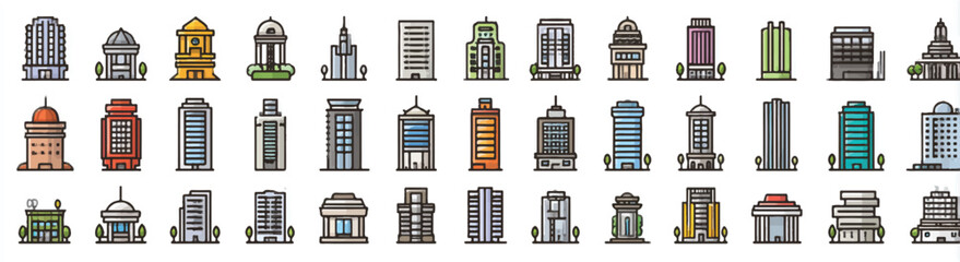 Fototapeta premium Set of various city buildings and structures in colorful minimalist flat cartoon style for urban environment design and architectural representation