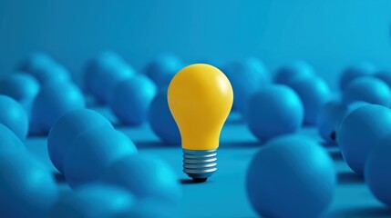 A standout yellow light bulb among blue ones symbolizes creativity, innovation, and smart hiring in business, with a clean background ideal for recruitment and marketing concepts.