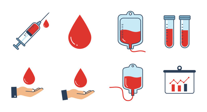 Collection of medical icons representing blood donation and testing with syringe iv bag test tubes and droplets - Powered by Adobe