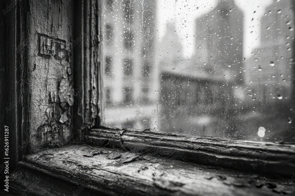 Poster monochrome shot of rain droplets on an old window with peeling paint and a spiderweb, creating a nos