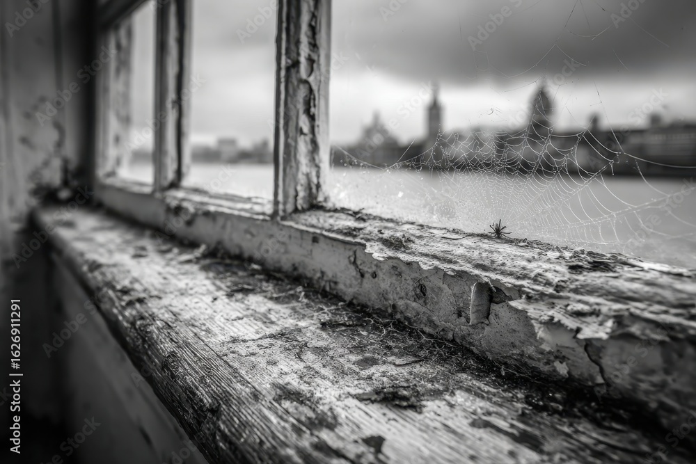 Poster black and white image of a weathered window frame with flaking paint and a spiderweb, overlooking a 