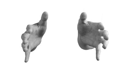 Hands hold in gesture to grasp or capture large unseen object, fingers and palms positioned to