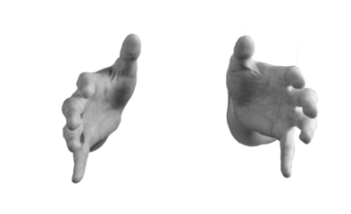 Hands hold in gesture to grasp or capture large unseen object, fingers and palms positioned to