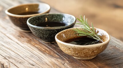 Trio of Colorful Ceramic Bowls with Olive Oil and Fresh Herb