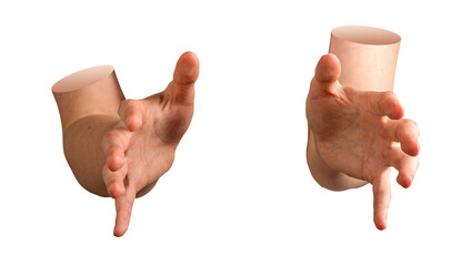 Hands hold in gesture to grasp or capture large unseen object, palms and fingers positioned to