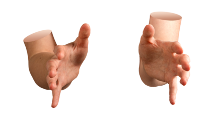 Hands hold in gesture to grasp or capture large unseen object, palms and fingers positioned to