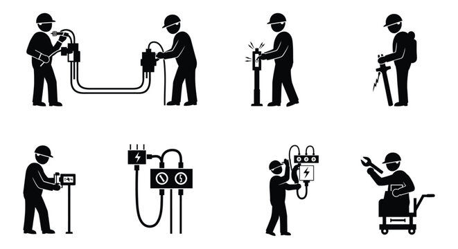 Set of eight silhouette icons illustrating electricians performing various tasks with tools and equipment