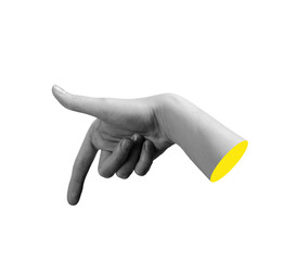 Human hand making a pointing down gesture with index finger extended, isolated on white background..