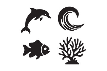 Four black silhouette icons representing ocean life and water