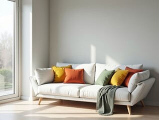 scandinavian-style_living_room_with_a_white_fabric_sofa_and_colorful_pillows_in_mustard_terracotta