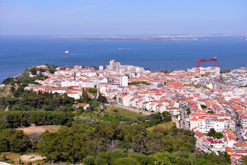 Almada city and the Tagus River in Portugal seen from the Cristo Rei monument in Lisbon, Portugal