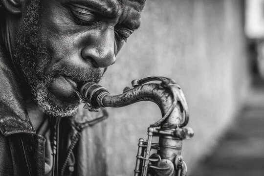 A focused black and white shot of a musician playing a saxophone, conveying passion for jazz and musical expression with texture and detail, close-up shot.