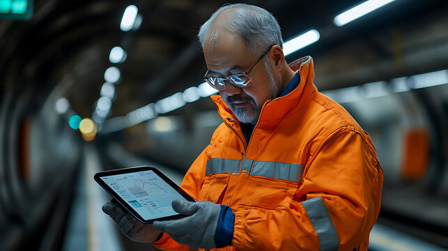 Senior Engineer Reviewing Data on Tablet in Underground Tunnel