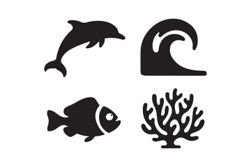 Four black silhouette icons representing ocean life and water