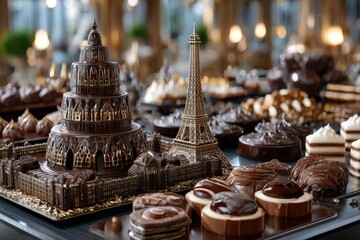 Exquisite display of chocolate sculptures inspired by famous landmarks at a dessert event