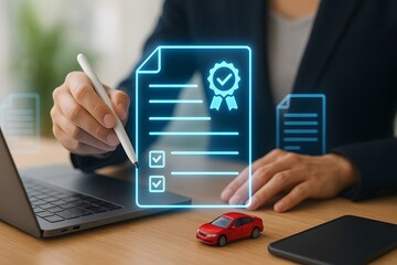concepts of digital certification, online contract signing, document verification, and official agreements, potentially within the automotive or legal sectors.