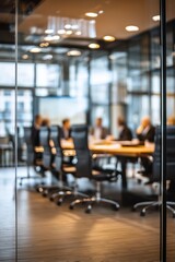 Blurred abstract background with conference room in bustling business center hall, with businessmen and people captured in motion blur through a long exposure technique. Work atmosphere. 