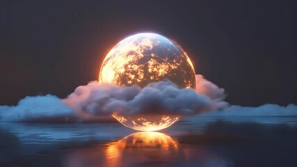 Fiery sphere above water with clouds