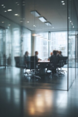 Blurred abstract background with conference room in bustling business center hall, with businessmen and people captured in motion blur through a long exposure technique. Work atmosphere. 