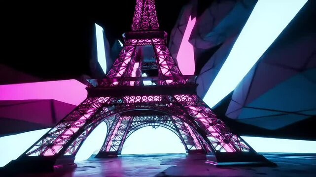 Neon Eiffel Tower Paris, abstract background, digital art