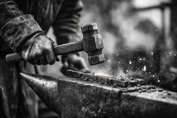 A blacksmith is forging a metal rod on an anvil, sparks are flying everywhere, his hands covered in protective gloves, in a workshop with a traditional atmosphere.
