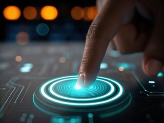 Finger presses glowing futuristic interface button activating advanced technology