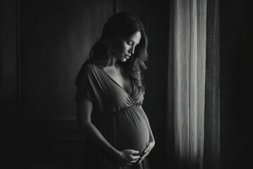 Obraz premium Serene black and white portrait of a pregnant woman cradling her belly in a dimly lit room, creating a mood of quiet anticipation and maternal connection.