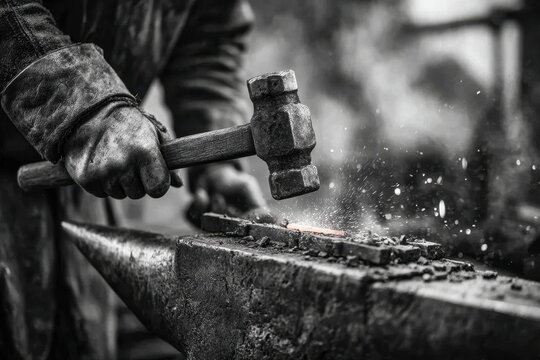 A blacksmith is forging a metal rod on an anvil, sparks are flying everywhere, his hands covered in protective gloves, in a workshop with a traditional atmosphere. - Powered by Adobe