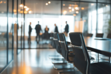 Blurred abstract background with conference room in bustling business center hall, with businessmen and people captured in motion blur through a long exposure technique. Work atmosphere. 